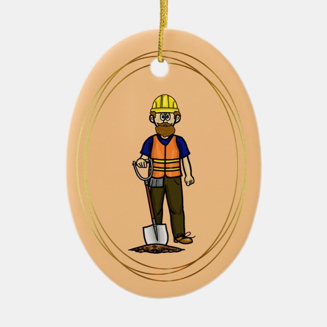 Bearded Construction Worker with Shovel Ornament (Front)