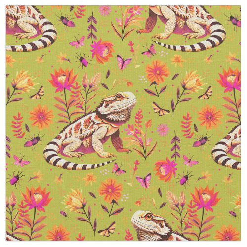 Bearded Dragon Floral on bright green background  Fabric