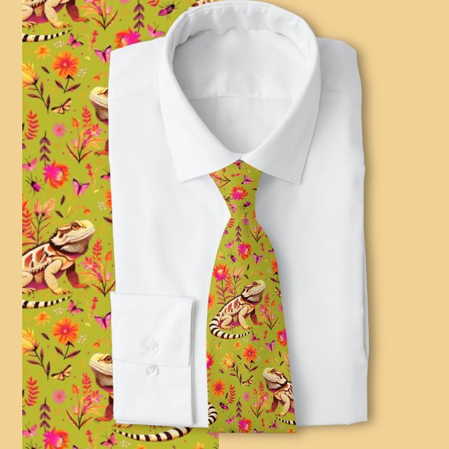 Bearded Dragon Floral - Reptile Lover Gift Neck Tie (Bearded dragon floral tie )