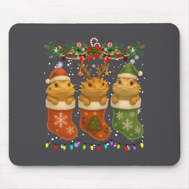 Bearded Dragon In Christmas Socks Lights Bearded D Mouse Pad (Front)