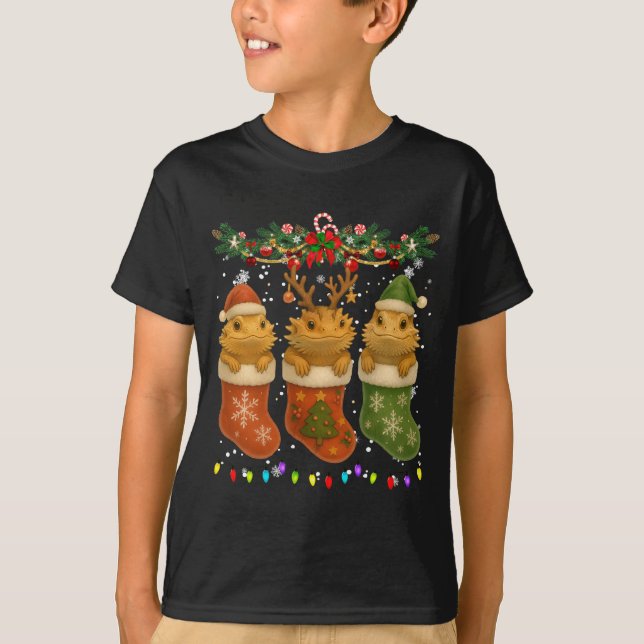 Bearded Dragon In Christmas Socks Lights Bearded D T-Shirt (Front)