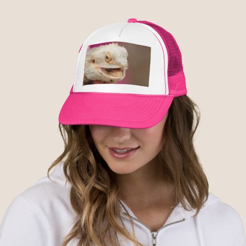 bearded dragon in the hand trucker hat