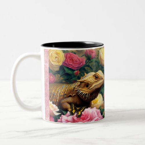 Bearded Dragon in the Rose Garden Two_Tone Coffee Mug