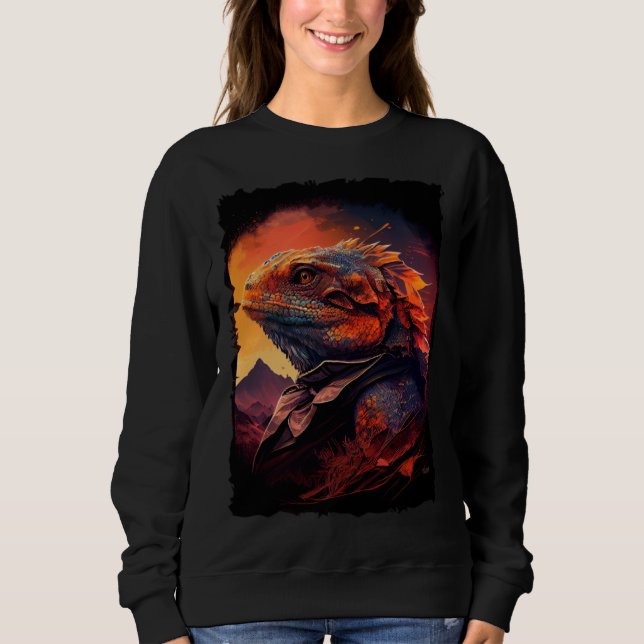 Bearded Dragon mountains sunset lizard retro 70s v Sweatshirt (Front)