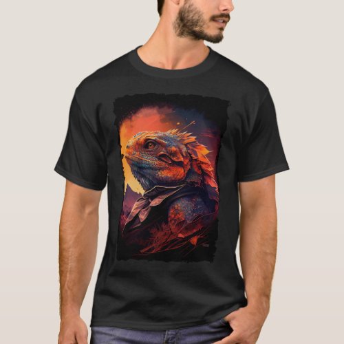 Bearded Dragon mountains sunset lizard retro 70s v T_Shirt