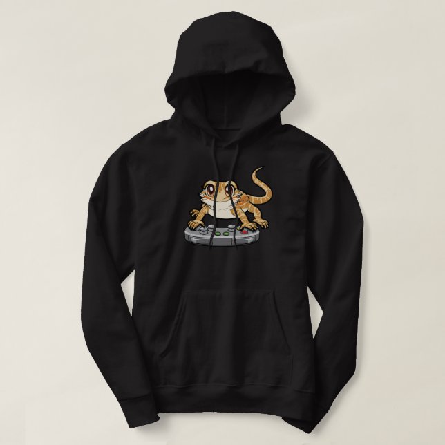 Bearded Dragon Playing Video Game Reptiles Pagona  Hoodie (Design Front)