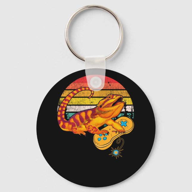 Bearded Dragon Playing Video Game Reptiles Pagona Keychain (Front)