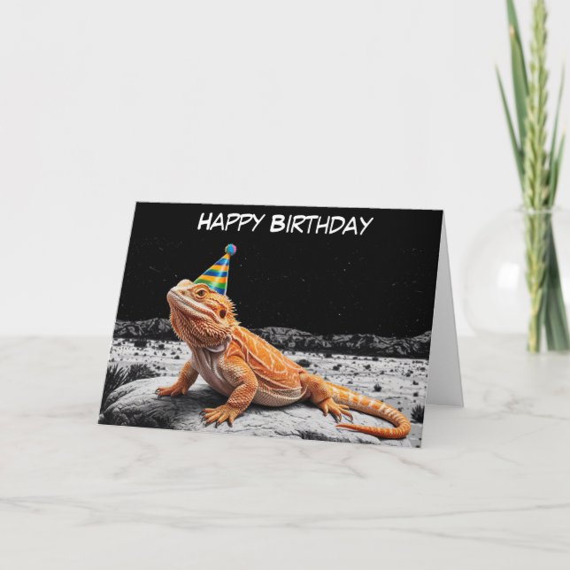 Bearded dragon wearing birthday hat birthday card (Front)