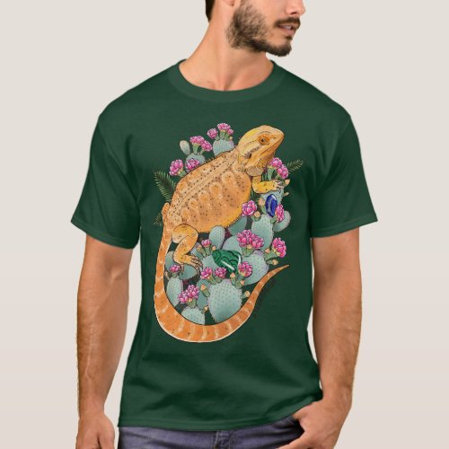 Bearded Dragon with Blooming Opuntia Cactus and Bo T_Shirt