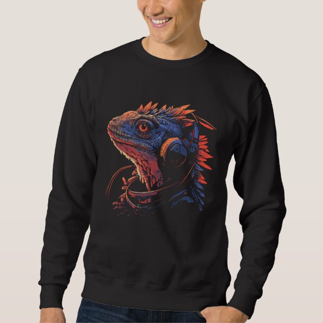Bearded Dragon With Headphones Beardie Hipster Liz Sweatshirt (Front)