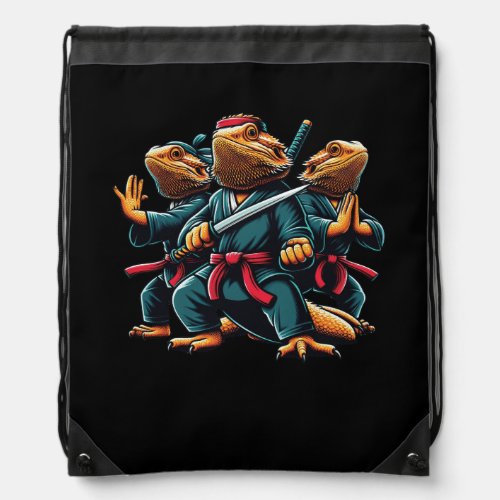Bearded Dragons Doing Karate Samurai Ninja Lizard  Drawstring Bag