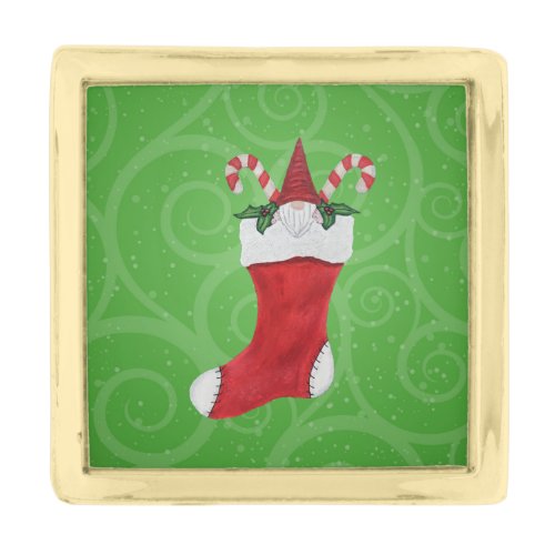 Bearded Gnome in Christmas Stocking Green Swirls Gold Finish Lapel Pin