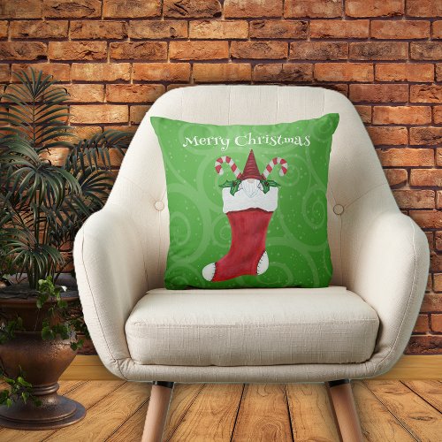 Bearded Gnome in Christmas Stocking Green Swirls Throw Pillow