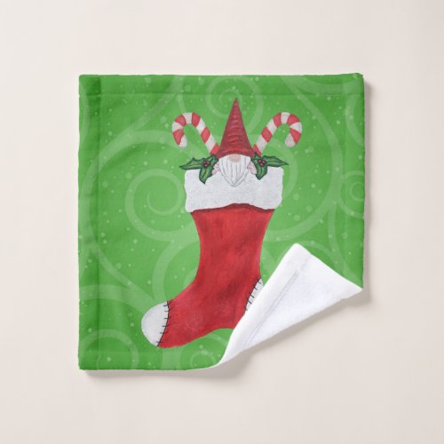 Bearded Gnome in Christmas Stocking Holly Swirls Wash Cloth