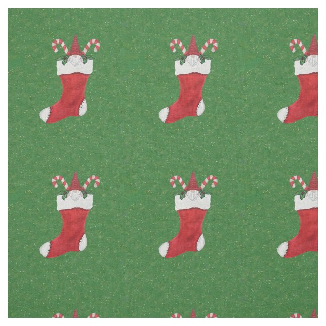 Bearded Gnome in Red Christmas Stocking Green Fabric (Swatch)