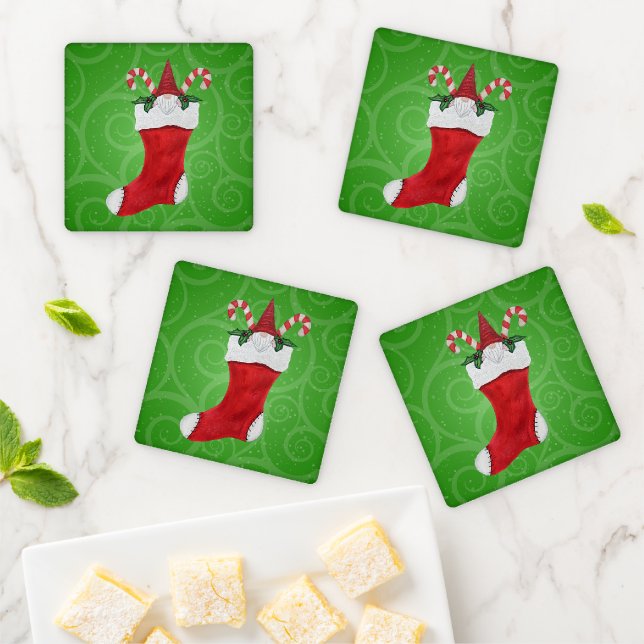 Bearded Gnome Red Christmas Stocking Green Swirls Coaster Set (In Situ)