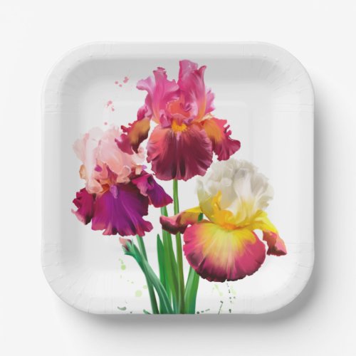 Bearded iris and splashes of watercolor painting	 paper plates