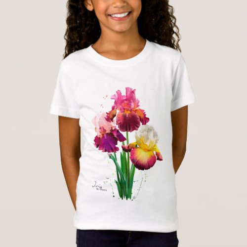 Bearded iris and splashes of watercolor painting	 T_Shirt