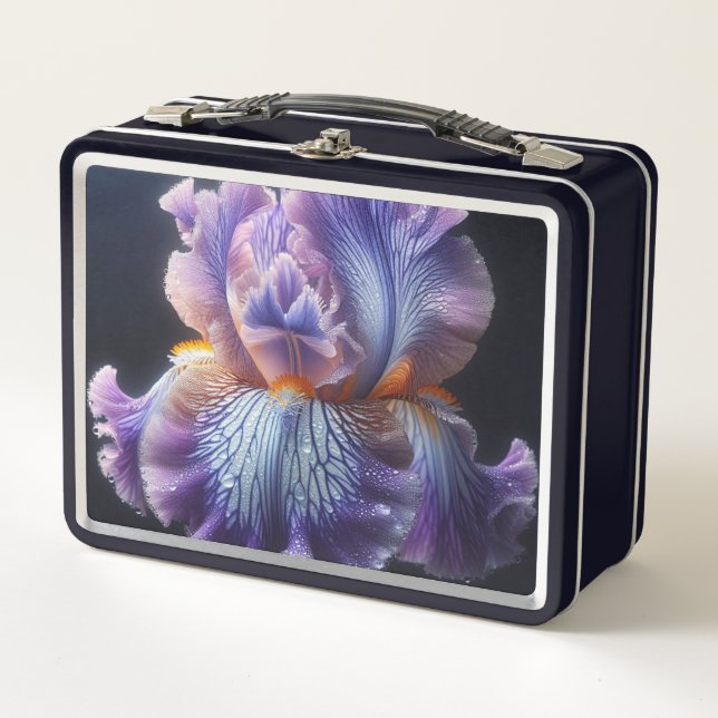 Bearded Iris Floral Purple and Blue Metal Lunch Box (Front)
