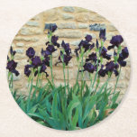 Bearded Iris Round Paper Coaster<br><div class="desc">A bed of deep purple bearded iris’s showing the blue beard,  set against a limestone wall</div>