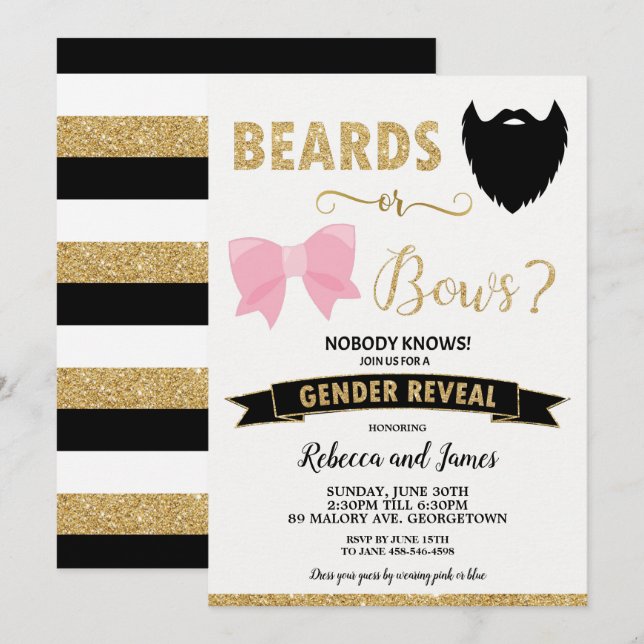 Beards or Bows Gender Reveal Baby Shower Gold Invitation (Front/Back)