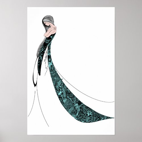 Beardsley Art Nouveau Beauty Colorized in Teal Poster