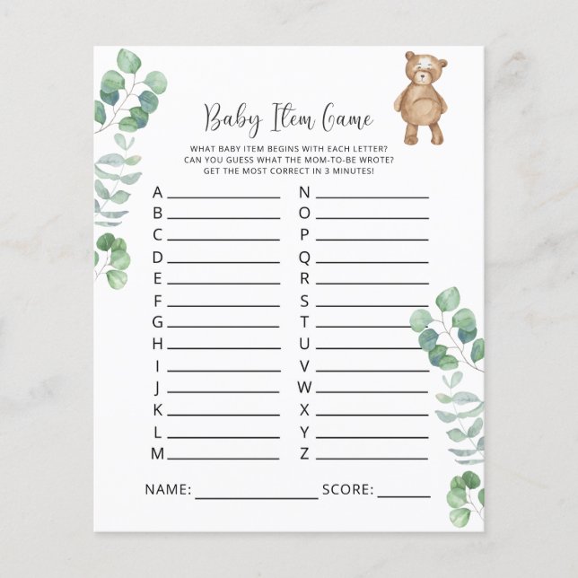 Bearly Baby Item Game. Baby Shower Game (Front)