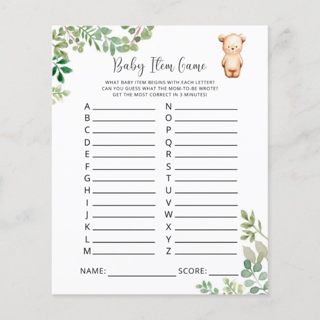 Bearly Baby Item Game. Baby Shower Game (Front)