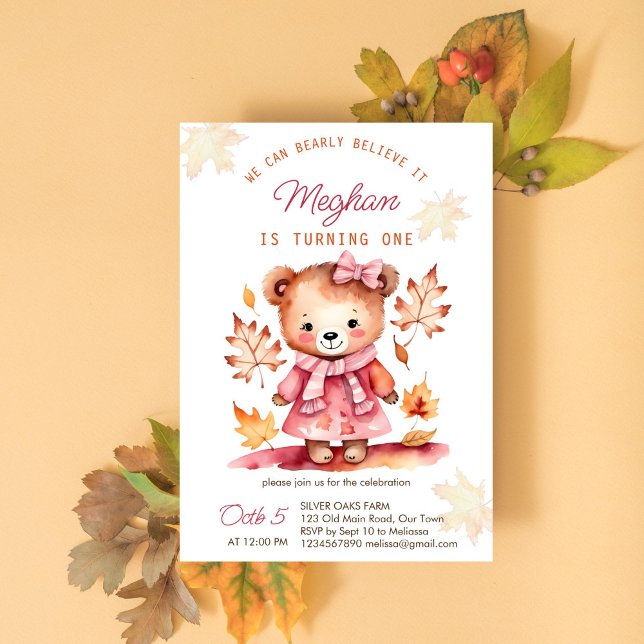 Bearly believe it girl teddy fall birthday party  invitation (Bearly believe cute girl teddy bear birthday party template invitation instant download fall themed)