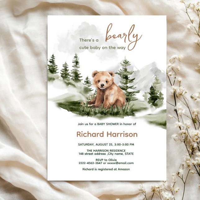 Bearly cute forest bear baby shower invitation (Bearly wait cute watercolor forest baby shower invitation )