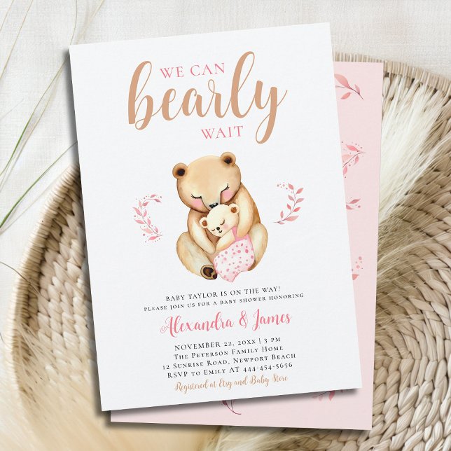 Bearly Mama Bear Cub Woodland Baby Girl Shower Invitation (we can bearly wait baby girl shower invitation mama bear cub woodland forest cute sweet animal pink )