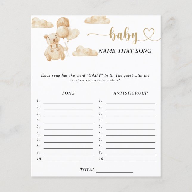 Bearly Name that song baby shower game (Front)