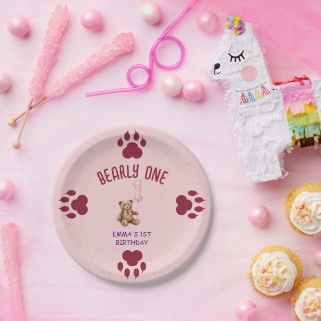Bearly One | Brown Teddy Bear First Birthday Paper Plates (Party)