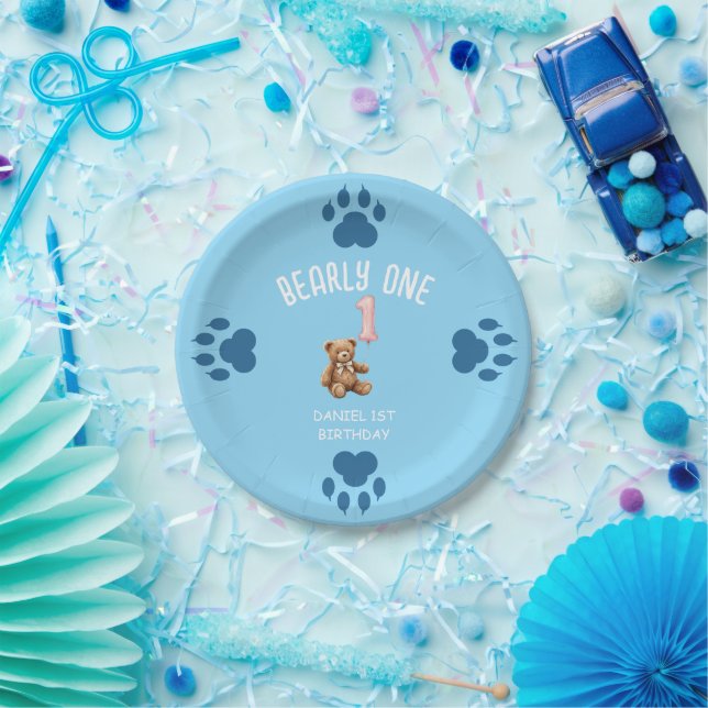 Bearly One | Brown Teddy Bear First Birthday Paper Plates (Party)