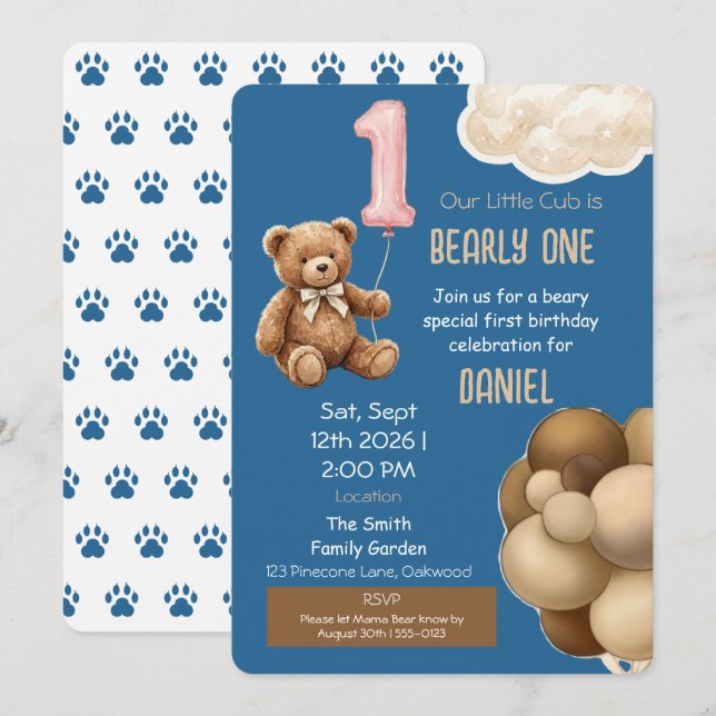 Bearly One Teddy Bear First Birthday Invitation (Front/Back)