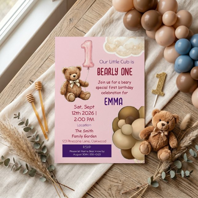 Bearly One Teddy Bear First Birthday Invitation (Creator Uploaded)