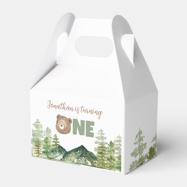 Bearly Turning One First Birthday Woodland Theme Favor Boxes (Front Side)