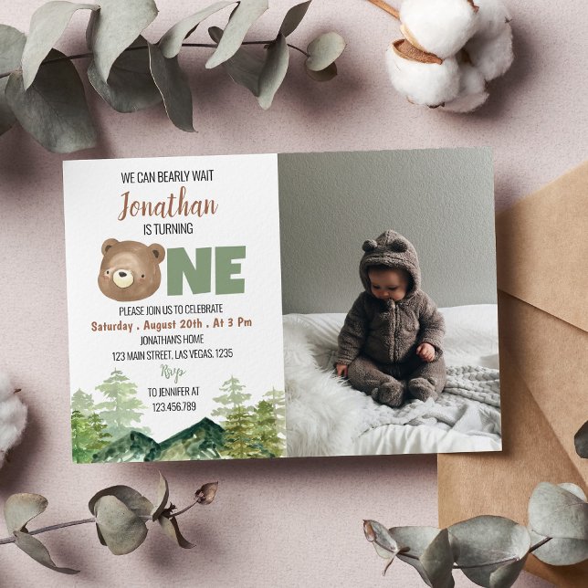Bearly Turning One Woodland 1st Birthday Photo Invitation (Creator Uploaded)