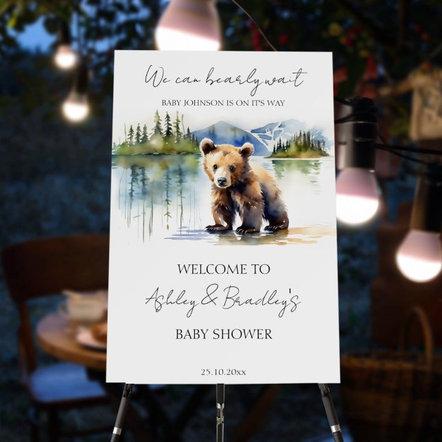 Bearly wait adventure baby shower welcome sign (Bearly wait bear cub adventure awaits baby shower welcome sign board watercolor Alaska wilderness)