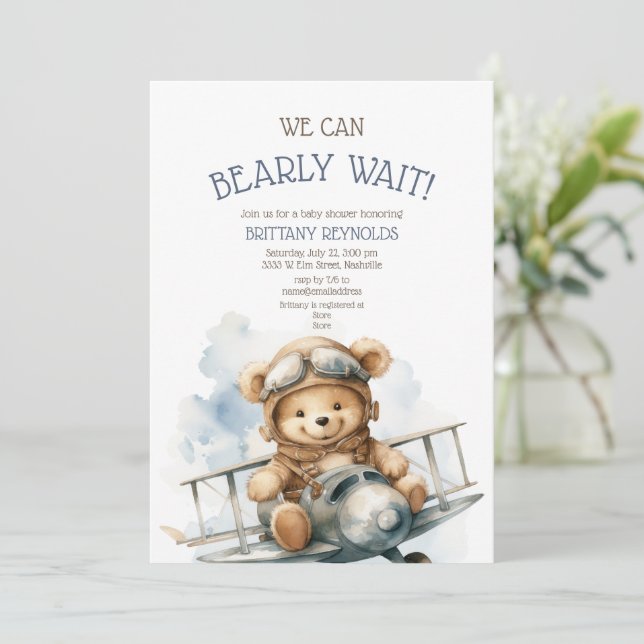 Bearly Wait Airplane Blue Baby Shower Invitation (Standing Front)