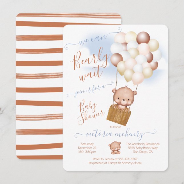 Bearly Wait Baby Shower Teddy Bear Balloons Invitation (Front/Back)