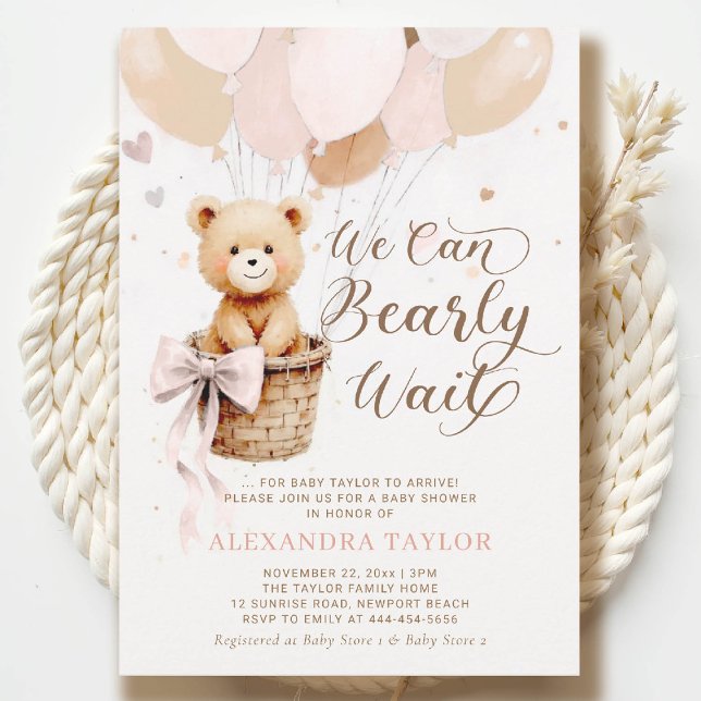 Bearly Wait Balloons Bow Blush Girl Baby Shower Invitation (bearly wait baby shower invitation dusty pink hot air balloons bow calligraphy watercolor)
