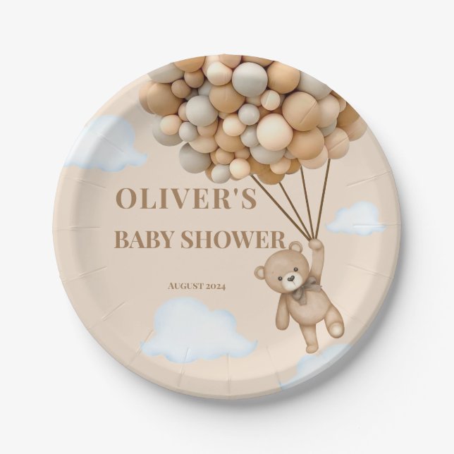 Bearly Wait Balloons Gender Neutral Baby Shower Paper Plates (Front)