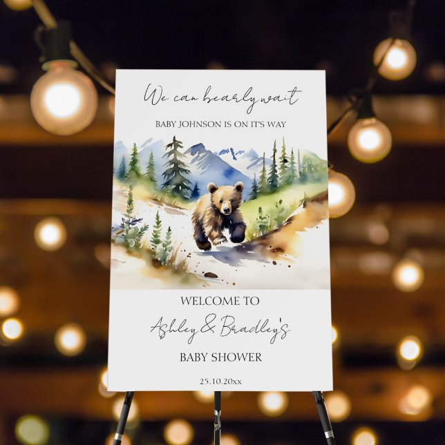 Bearly wait bear adventure baby shower welcome foam board (Bearly wait national park themed baby shower welcome sign board watercolor bear cub running in wild)