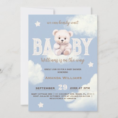 Bearly Wait Bear Baby Boy Shower Invitation