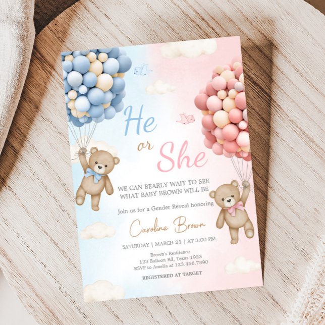 Bearly Wait Bear Balloon Gender Reveal  Invitation (Bear Balloon He or She Gender Reveal Invitation)