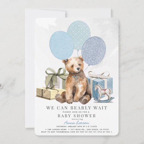 Bearly Wait Bear Blue Balloon Boy Baby Shower Invitation