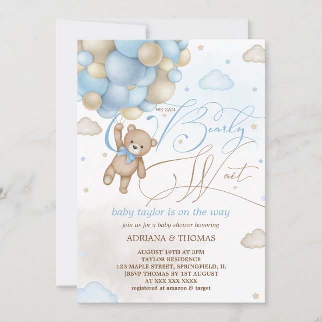 Bearly Wait Bear Blue Balloons Boy Baby Shower Invitation (Front)