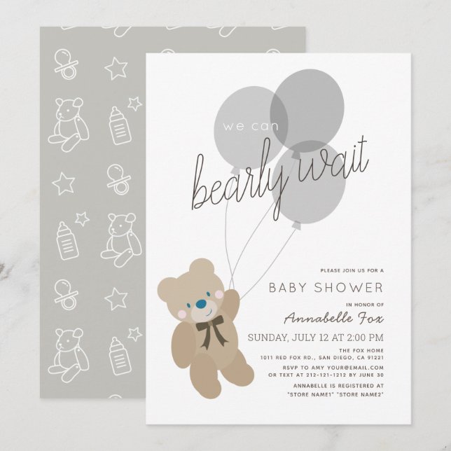 Bearly Wait Bear Gender Neutral Gray Baby Shower Invitation (Front/Back)
