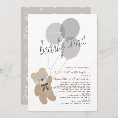 Bearly Wait Bear Gray Baby Shower by Mail Invitation